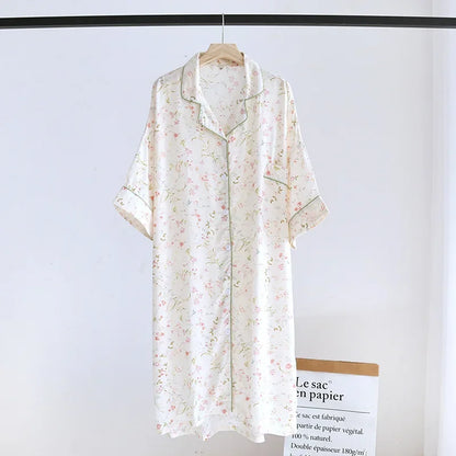Women Summer Cotton Cardigan Nightdress Loose Women Short Sleeve Nightgown Cartoon Floral Print Sleep Dress Nachtkleding Vrouwen