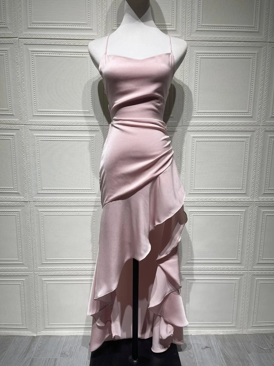 New in Summer Elegant Spaghetti Strap Satin Split Maxi Dress Women Sexy Backless Bodycon Party Evening Dress Summer Hol