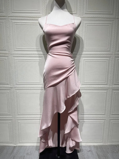 New in Summer Elegant Spaghetti Strap Satin Split Maxi Dress Women Sexy Backless Bodycon Party Evening Dress Summer Hol