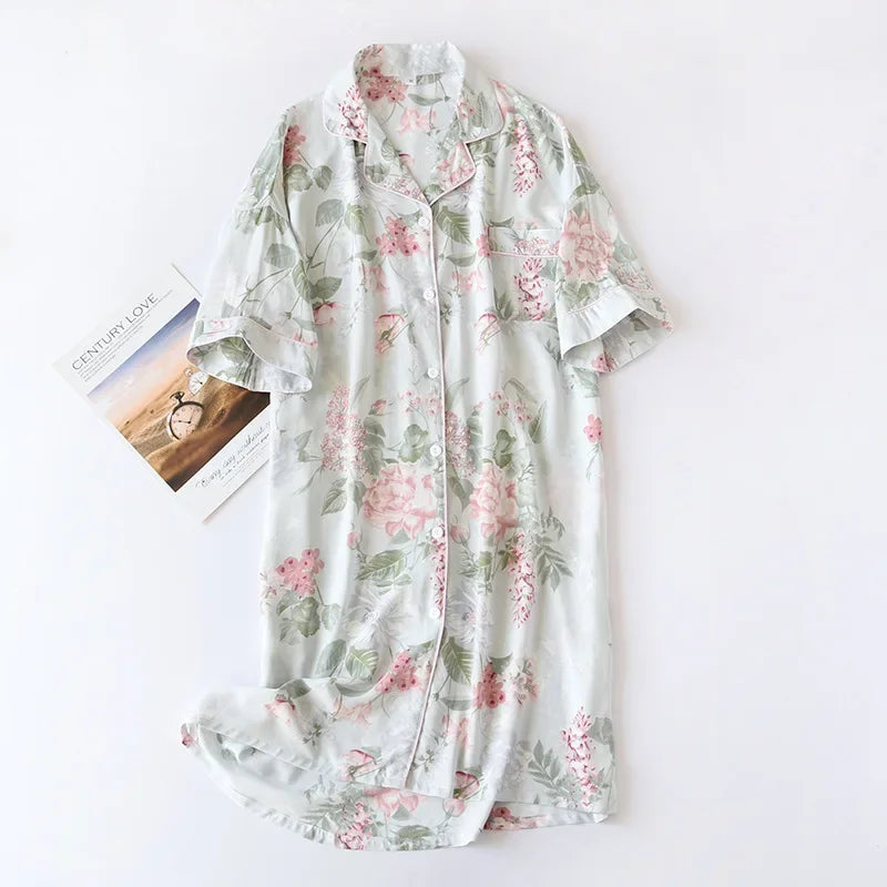 Women Summer Cotton Cardigan Nightdress Loose Women Short Sleeve Nightgown Cartoon Floral Print Sleep Dress Nachtkleding Vrouwen