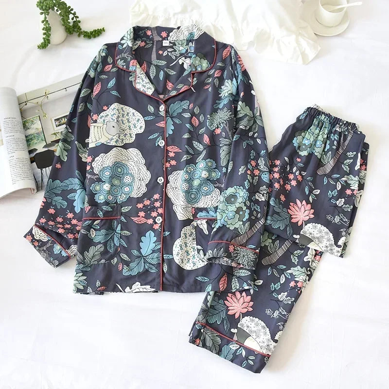 Two-piece Set Women Home Clothes for Spring and Autumn Long-sleeved Viscose Cotton Trouser Suits Women Sleepwear Pajama Set