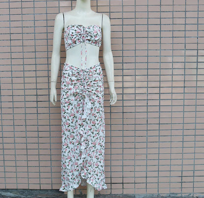 Printed Two-piece Sets Woman Summer 2024 Sexy Pleated Ruffled Edge Dress and Sleeveless Vest Suit for Female New Streetwear