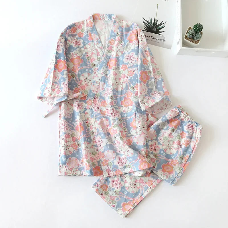 2025 new seven-sleeve Japanese-style kimono pajamas set female spring and autumn 100% cotton gauze home clothes cute sweet two-p