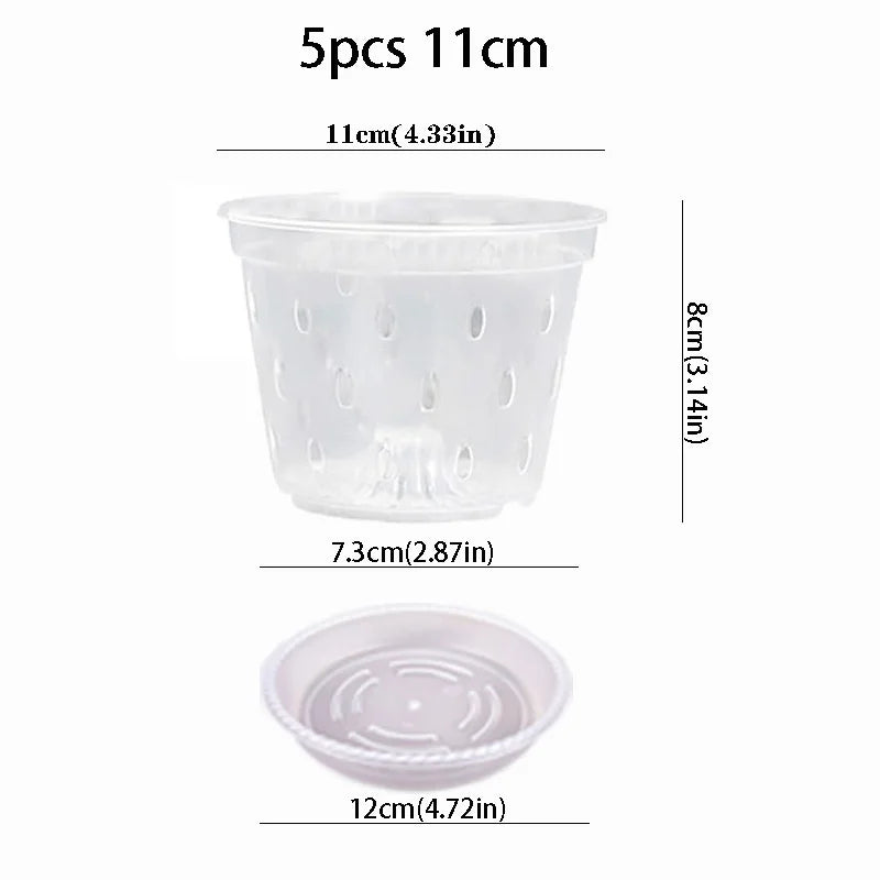 5Pcs 11/12.5/14/15/17cm Planter Pots with Side Holes Orchid Flowerpot with Trays Breathable Transparent Plastic  Flowerpot