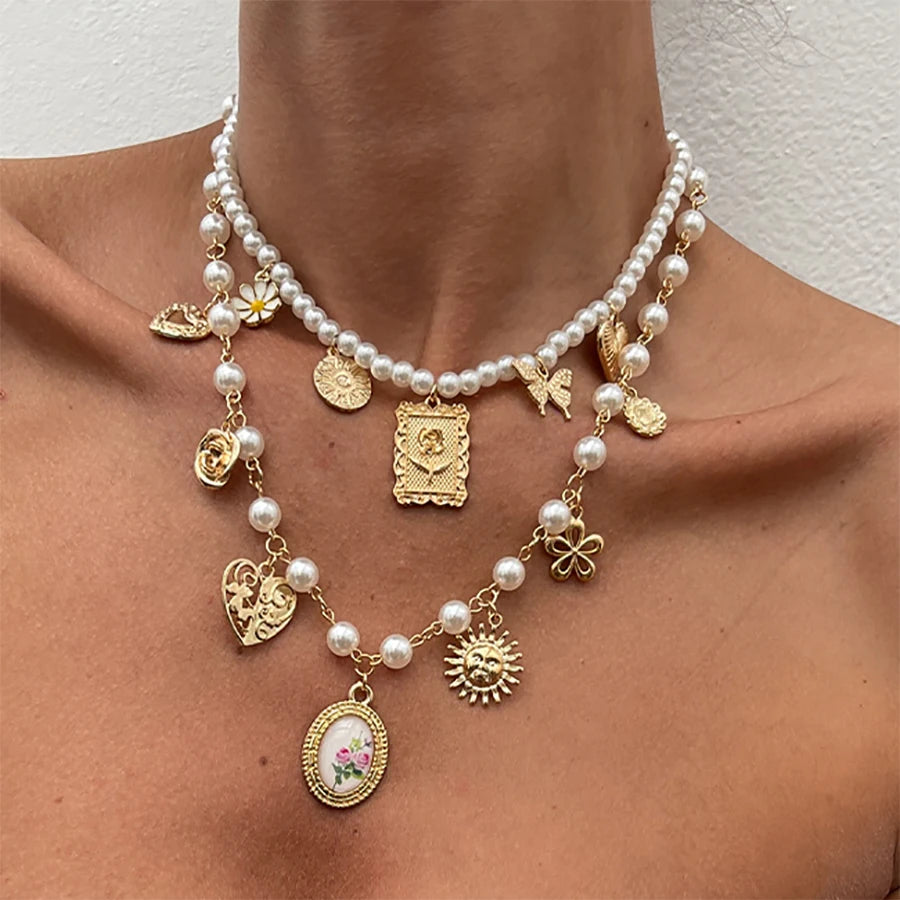 Salircon 2Pcs/Set Butterfly Sunflower Heart Pendant Necklace for Women luxury Imitation Pearl Charm Statement Choker Jewelry