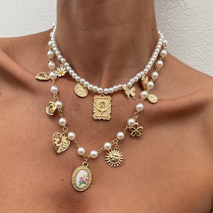 Salircon 2Pcs/Set Butterfly Sunflower Heart Pendant Necklace for Women luxury Imitation Pearl Charm Statement Choker Jewelry