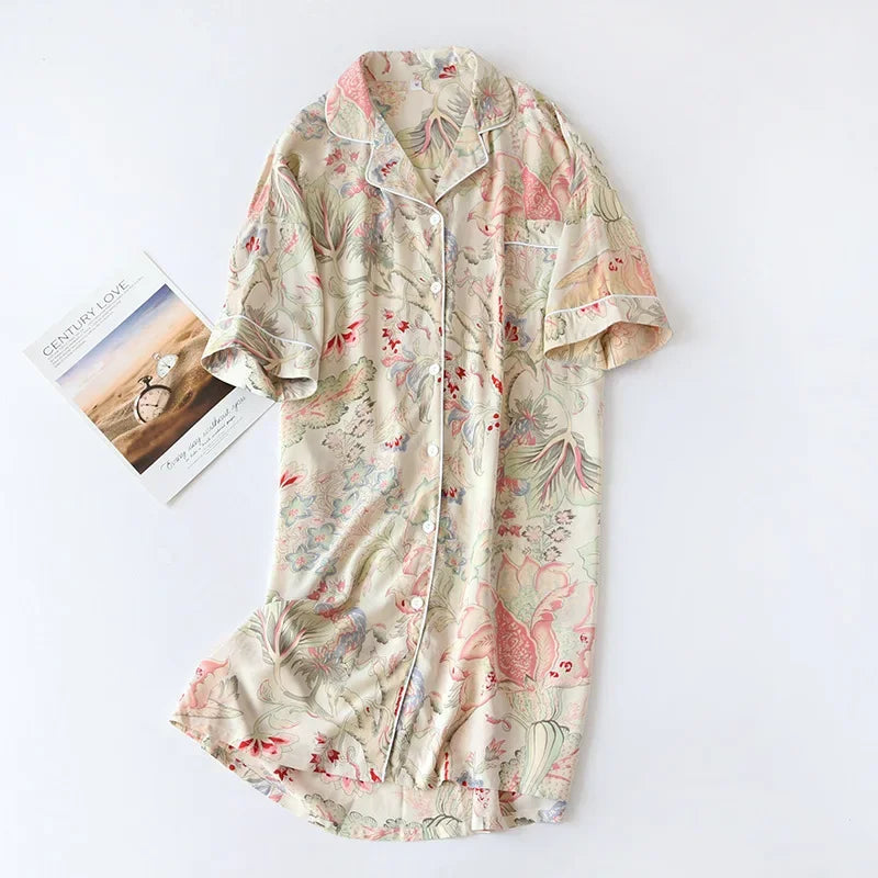 Women Summer Cotton Cardigan Nightdress Loose Women Short Sleeve Nightgown Cartoon Floral Print Sleep Dress Nachtkleding Vrouwen