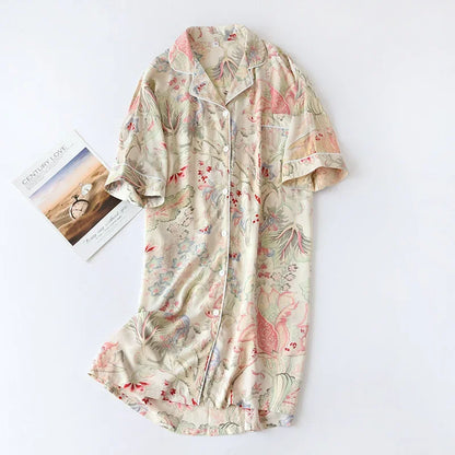 Women Summer Cotton Cardigan Nightdress Loose Women Short Sleeve Nightgown Cartoon Floral Print Sleep Dress Nachtkleding Vrouwen