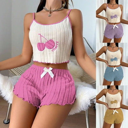 Summer 2pcs Pajamas Set for Women Casual Simple Ground Wool Halter Vest Shorts Set Home Wear Sleepwear Loungerwear