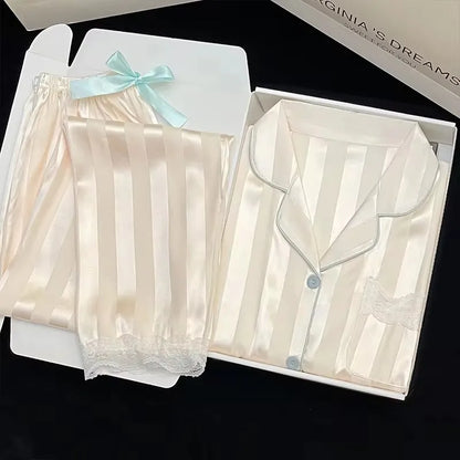 High Quality Ice Silk Light Luxury Pajamas Women's Pajama Spring and Autumn Style Long Sleeve Home Set Nightwear Sleepwear