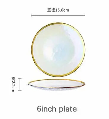 Ins Gold Gdge Glass Plate Bowl, Nordic Tableware, Steak Plate Creative Tray, Fruit Salad Transparent Colorful Plates, 1 piece