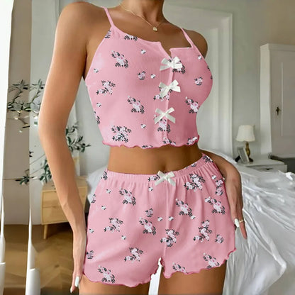 2Pcs Set Sleepwear Women's Summer Pajama Set Flower Print Sexy Ribbed Bow Decor V Neck Backless Crop Cami Top Shorts Nightwear