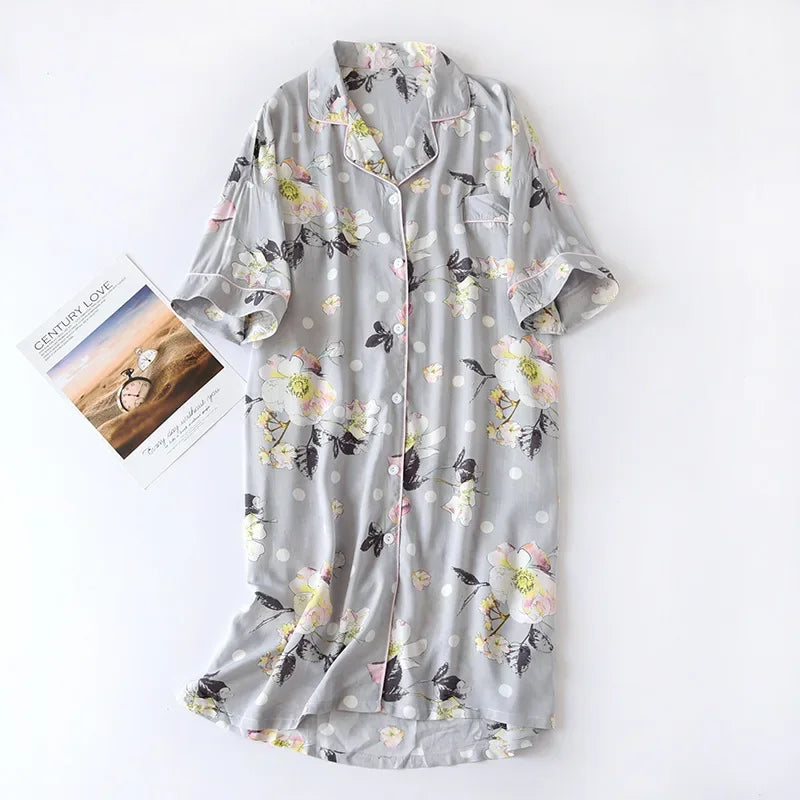Women Summer Cotton Cardigan Nightdress Loose Women Short Sleeve Nightgown Cartoon Floral Print Sleep Dress Nachtkleding Vrouwen