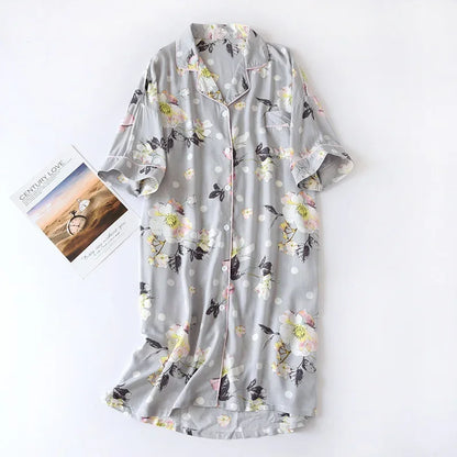Women Summer Cotton Cardigan Nightdress Loose Women Short Sleeve Nightgown Cartoon Floral Print Sleep Dress Nachtkleding Vrouwen
