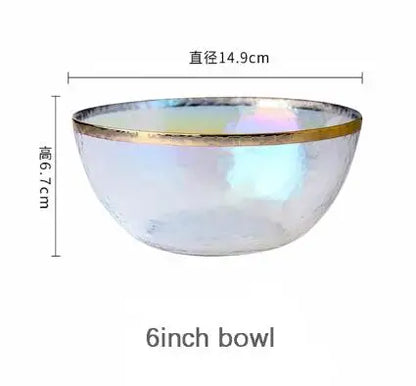 Ins Gold Gdge Glass Plate Bowl, Nordic Tableware, Steak Plate Creative Tray, Fruit Salad Transparent Colorful Plates, 1 piece