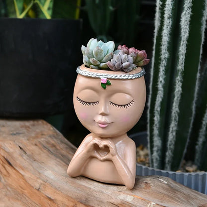 Creative Elegant Girl Meditation Potted Plant Embellishment Pink Rose Face Vase Indoor Outdoor Garden Decoration