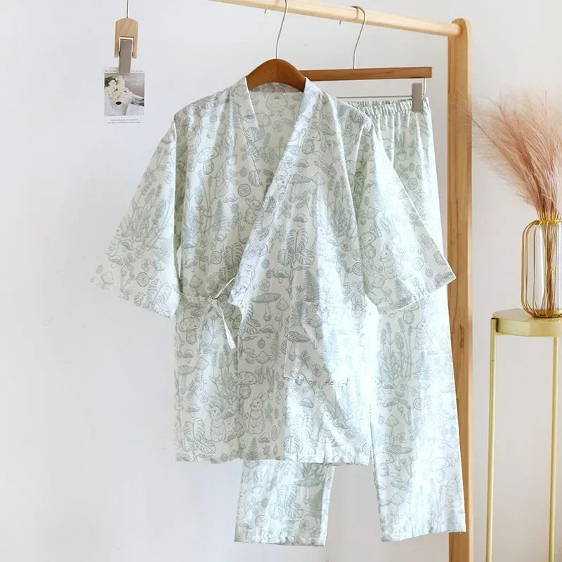2025 new seven-sleeve Japanese-style kimono pajamas set female spring and autumn 100% cotton gauze home clothes cute sweet two-p