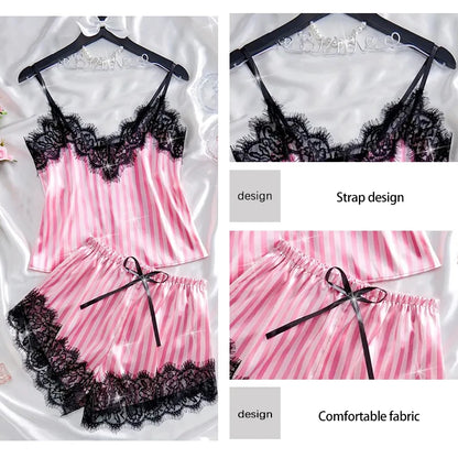 Women's Summer Thin Pajama Set Pink and White Stripes Fabric Soft and Smooth Pajama Set ﻿