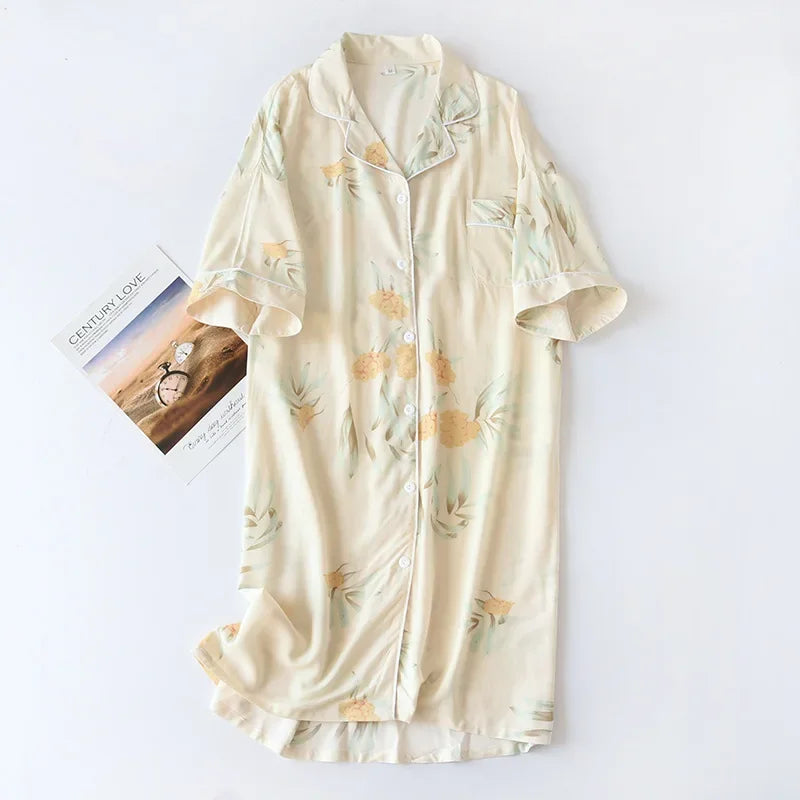 Women Summer Cotton Cardigan Nightdress Loose Women Short Sleeve Nightgown Cartoon Floral Print Sleep Dress Nachtkleding Vrouwen