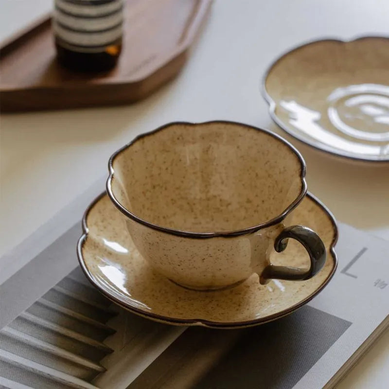Ceramic Afternoon Tea Cup and Saucer Set, Lace Shape, Home Cafe, Office Teaware, Coffee Mug with Handle, Novel Gift, 240ml