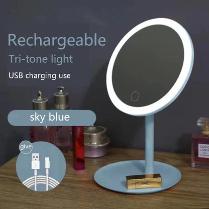 Makeup Mirror With Led Light Usb Portable Removable Desk Vanity Mirror Adjustable Tricolor Hd Light Dropshiping Travel Home Tool