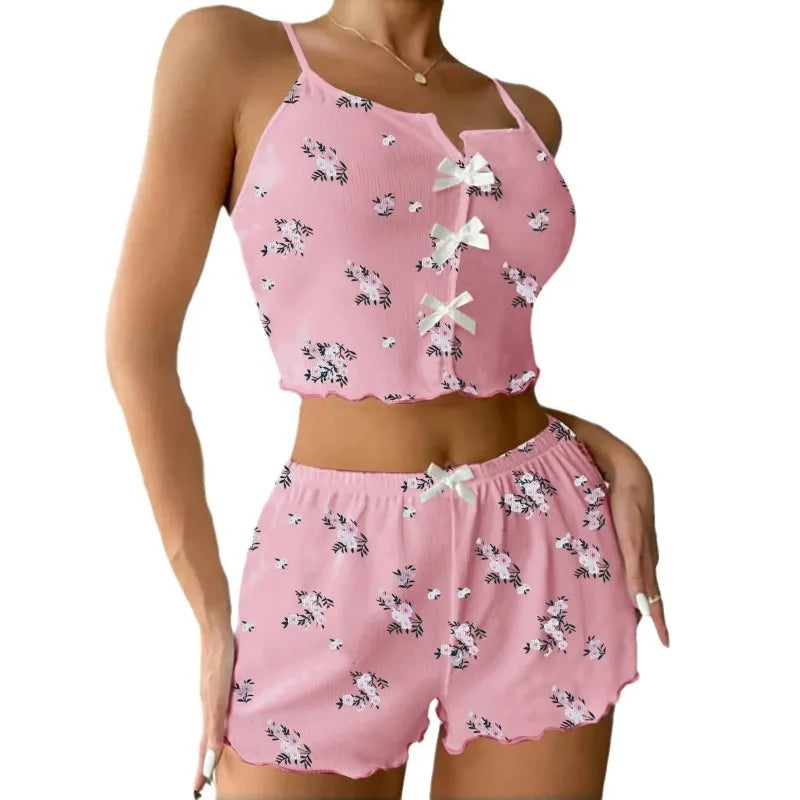 2Pcs Set Sleepwear Women's Summer Pajama Set Flower Print Sexy Ribbed Bow Decor V Neck Backless Crop Cami Top Shorts Nightwear