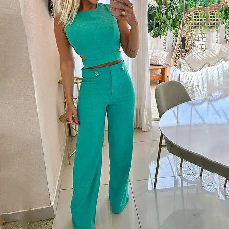 Women Elegant Round Neck Solid 2 Pieces Set Summer Streetwear Pant Sets Tight Hollow Out Sleeveless High Waist Long Pants Suits