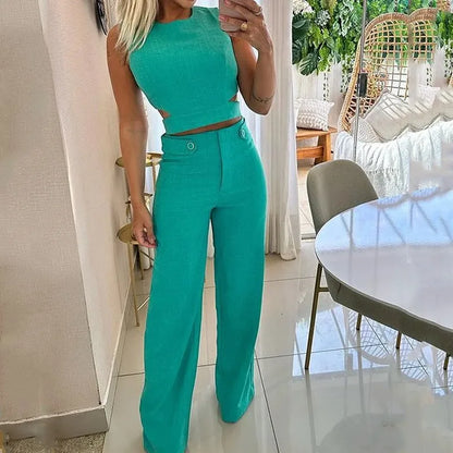 Women Elegant Round Neck Solid 2 Pieces Set Summer Streetwear Pant Sets Tight Hollow Out Sleeveless High Waist Long Pants Suits
