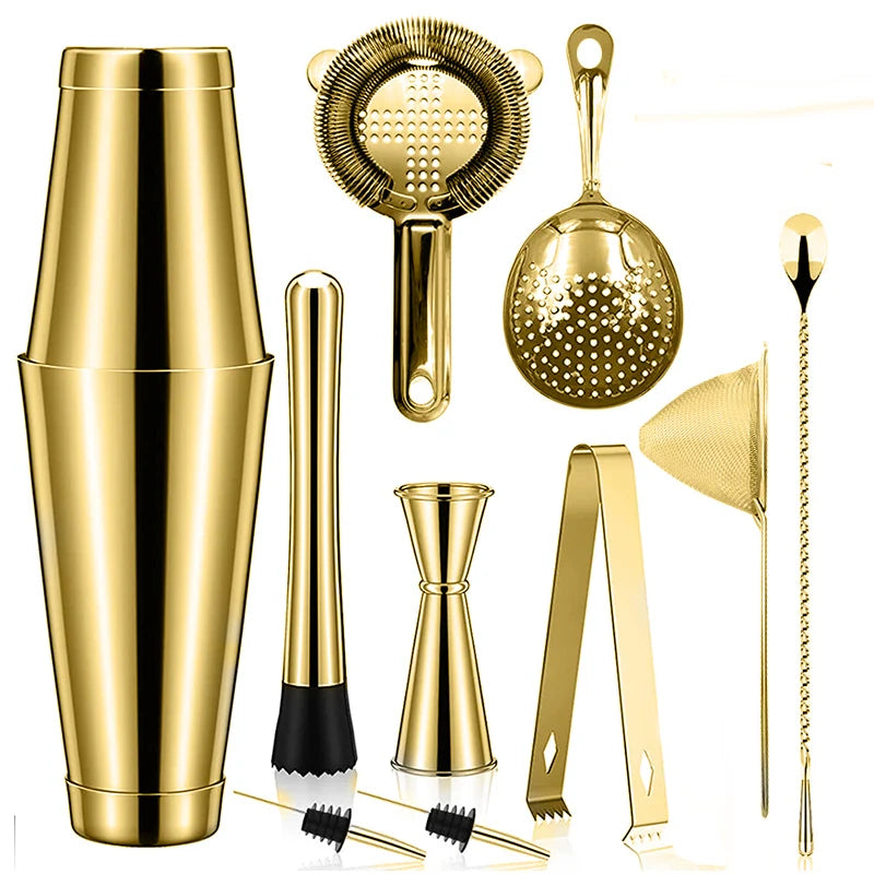 Cocktail Shaker Bar Set: 2 Weighted Boston Shakers, Cocktail Strainer Set,Jigger,Muddler and Spoon, Ice Tong and 2 Bottle Pourer