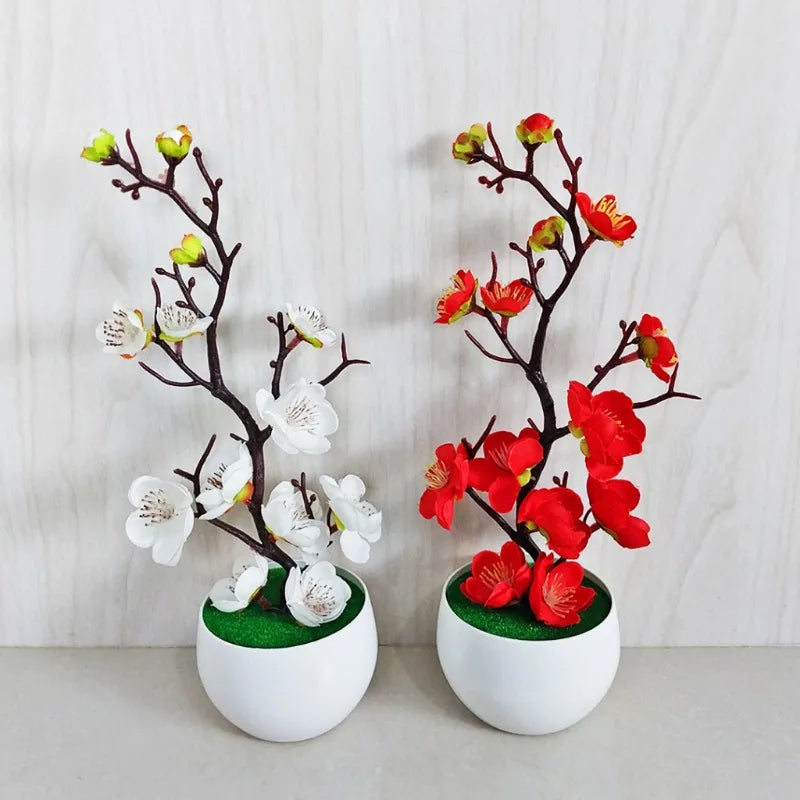 Potted Simulation Flower for Home Wedding Office Table Decoration Realistic Anti-fading Simulation Silk Plum Fake Plants