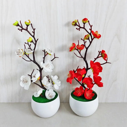 Potted Simulation Flower for Home Wedding Office Table Decoration Realistic Anti-fading Simulation Silk Plum Fake Plants