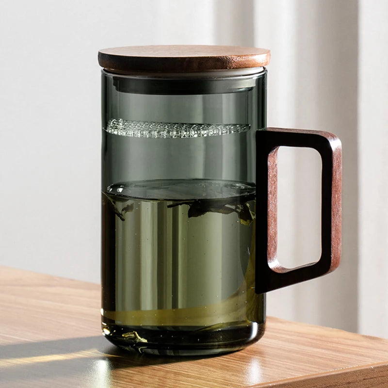 GIANXI 500ML Drinkware Transparent Glass Cup With wooden Lid Wooden Handle Coffee Mug Kitchen Tea Making Cup Coffeeware Teaware