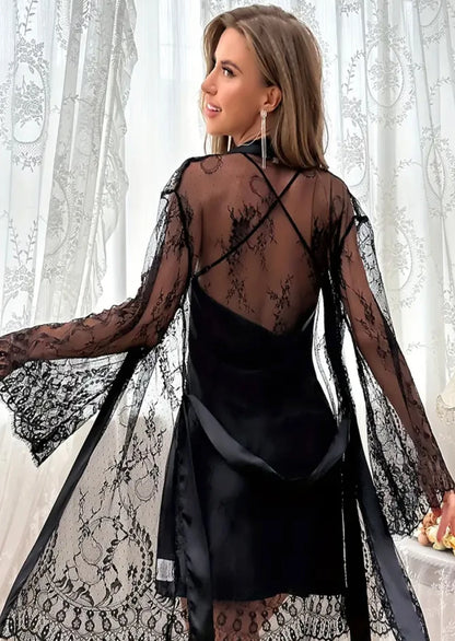Sexy mesh nightgown with lace and lace, tempting perspective sleepwear, women's outerwear, home clothes