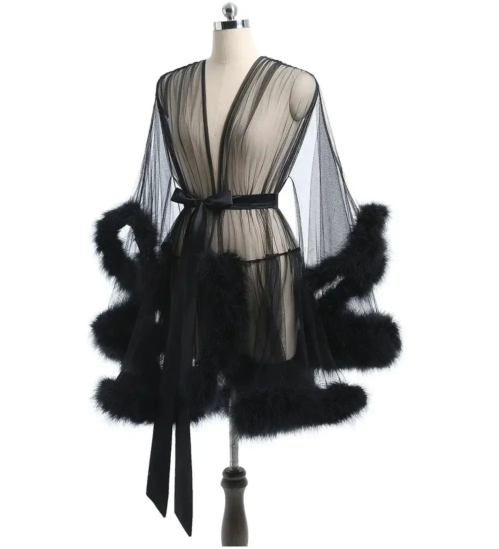 Sexy Feather Robe Large Size Seductive Mesh Perspective Sex Fur Bathrobe Passionate Waist Tightening Robe Dressing Gown Bridal