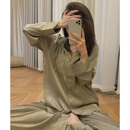 High Quality Ice Silk Light Luxury Pajamas Women's Pajama Spring and Autumn Style Long Sleeve Home Set Nightwear Sleepwear