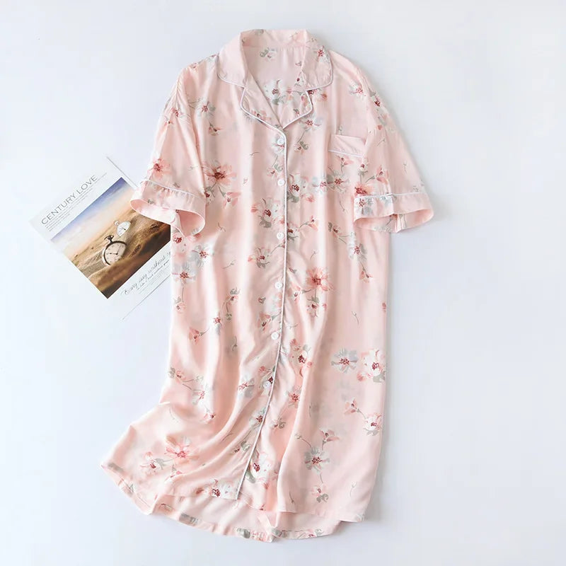 Women Summer Cotton Cardigan Nightdress Loose Women Short Sleeve Nightgown Cartoon Floral Print Sleep Dress Nachtkleding Vrouwen