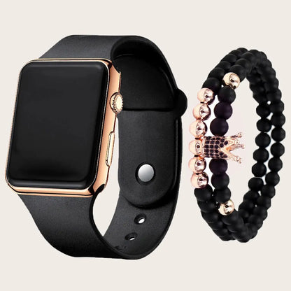 Unisex fashion trend casual personality square LED electronic watch versatile electronic watch with crown bracelet