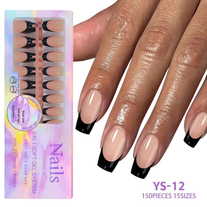 150pcs/Boxed French Gel Tips Press On Nails Black Coffee Almond Nails 15 Sizes Pre-applied Fake Nails For Manicure Extension