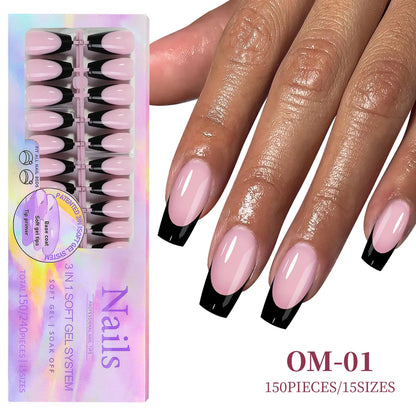150pcs/Boxed French Gel Tips Press On Nails Black Coffee Almond Nails 15 Sizes Pre-applied Fake Nails For Manicure Extension
