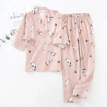 2025 new seven-sleeve Japanese-style kimono pajamas set female spring and autumn 100% cotton gauze home clothes cute sweet two-p