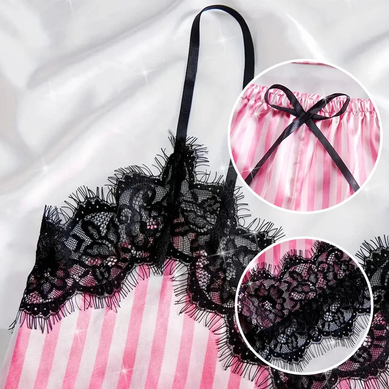 Women's Summer Thin Pajama Set Pink and White Stripes Fabric Soft and Smooth Pajama Set ﻿