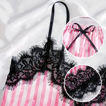 Women's Summer Thin Pajama Set Pink and White Stripes Fabric Soft and Smooth Pajama Set ﻿