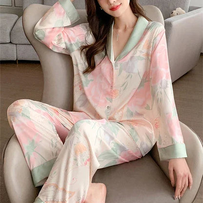 High Quality Ice Silk Light Luxury Pajamas Women's Pajama Spring and Autumn Style Long Sleeve Home Set Nightwear Sleepwear