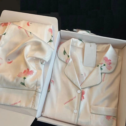 High Quality Ice Silk Light Luxury Pajamas Women's Pajama Spring and Autumn Style Long Sleeve Home Set Nightwear Sleepwear