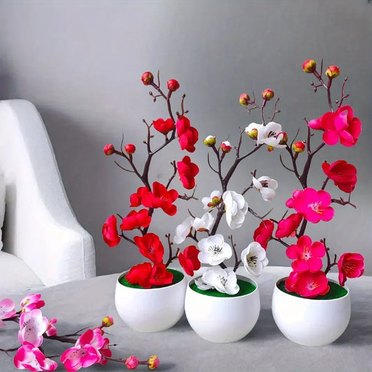 Lifelike Artificial Plum Flower Tree Mini Potted Plant Faux Wax Bonsai for Indoor Outdoor Tabletop Garden Home Hotel Decor