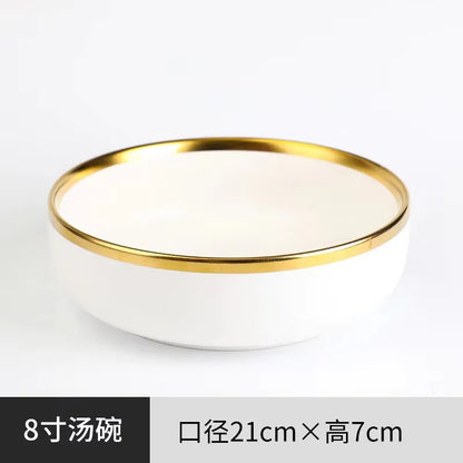 High-quality Matte Gilt Rim White Porcelain Dinner Tray Kitchen Plates Ceramic Tableware Food Dishes Rice Salad Noodles Bowl