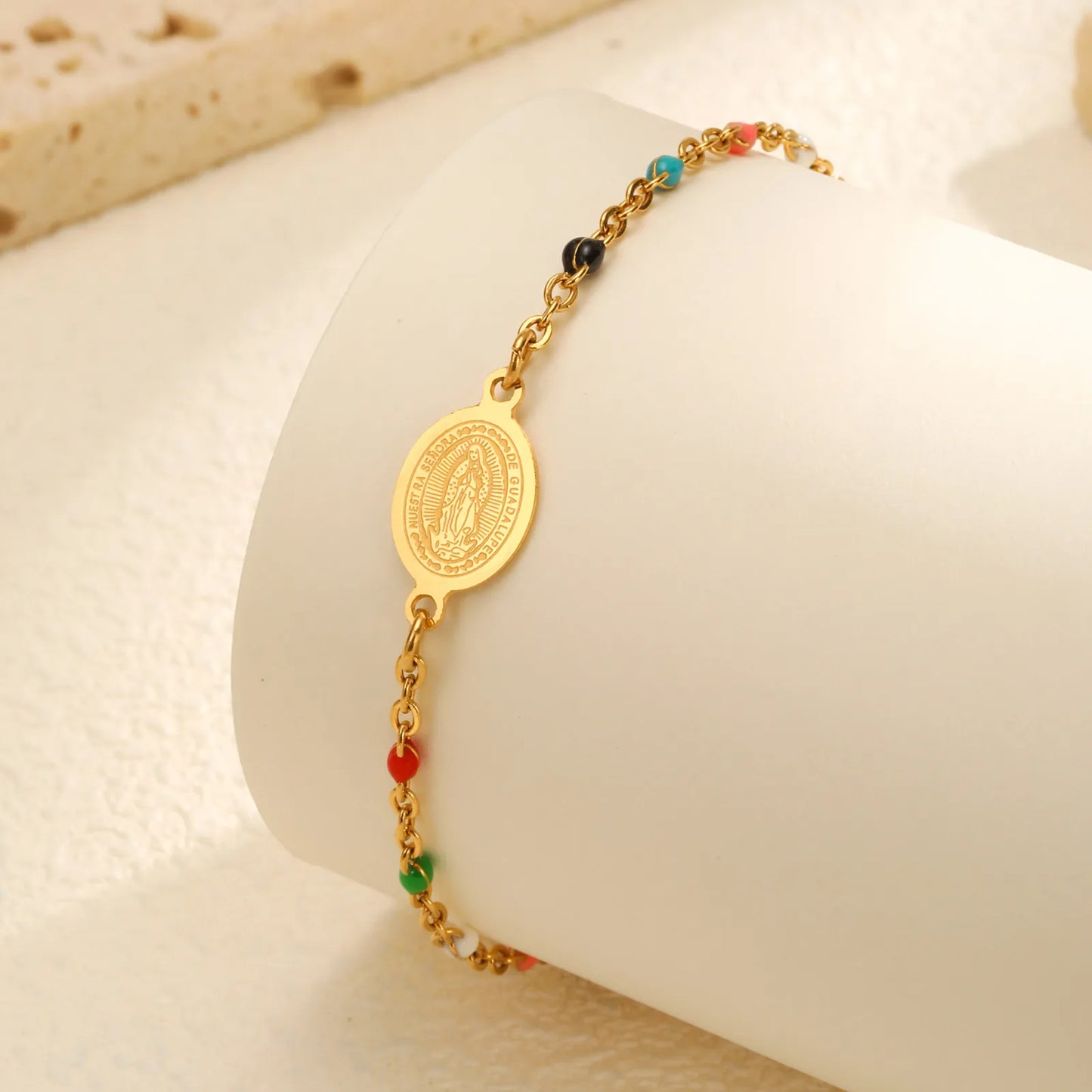 Bohemian Colored Bead Chains Virgin Bracelets for Women,Gold Color Stainless Steel Bracelets,Holy Christian Jewelry Gift