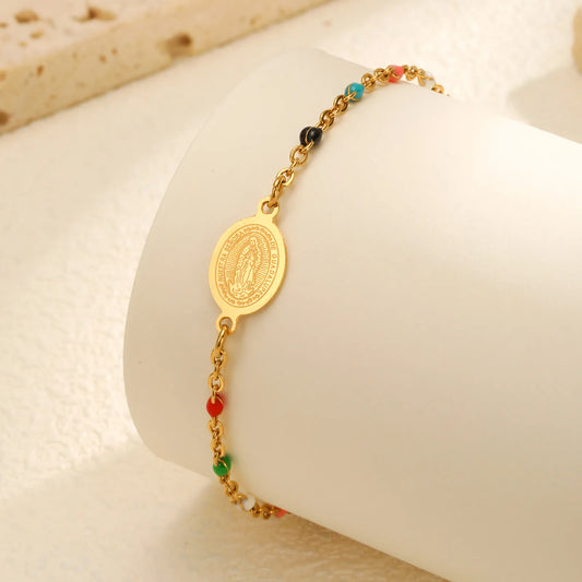 Bohemian Colored Bead Chains Virgin Bracelets for Women,Gold Color Stainless Steel Bracelets,Holy Christian Jewelry Gift