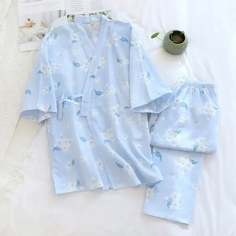 2025 new seven-sleeve Japanese-style kimono pajamas set female spring and autumn 100% cotton gauze home clothes cute sweet two-p