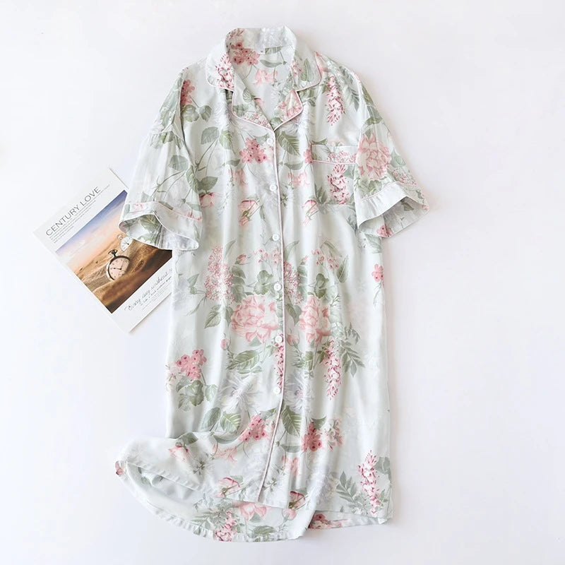 Soft Floral Print Nightgown Comfortable Half-Sleeve Lapel Sleepdress Gentle Style For Women's Homewear Sleepwear Summer Comfy